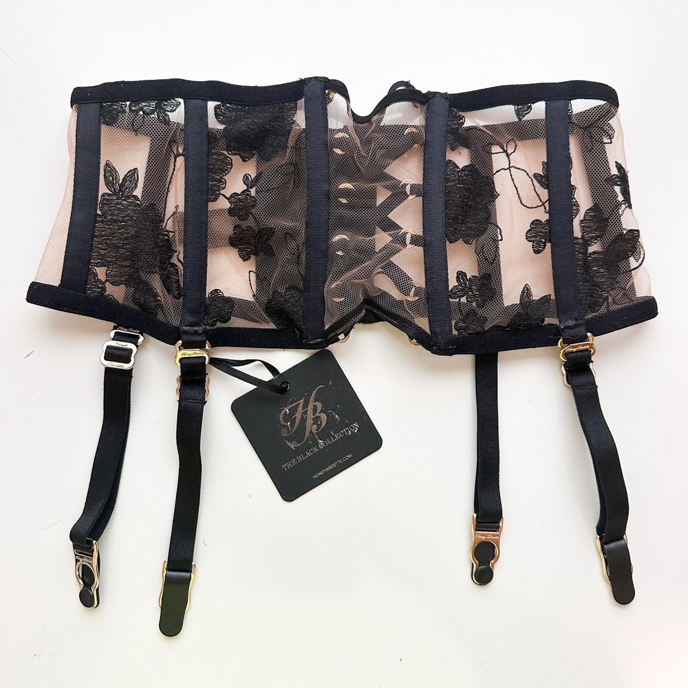 Honey Birdette Alice Black Lace Suspender Garter Belt Size XS NWT